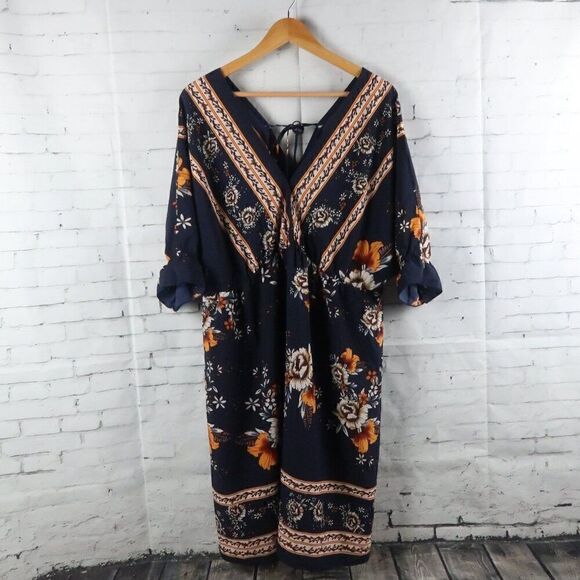 SHEIN CURVE BLUE FLORAL V NECK SHORT SLEEVE VACATIONMIDI DRESS SIZE 3XL NWT - Picture 8 of 10